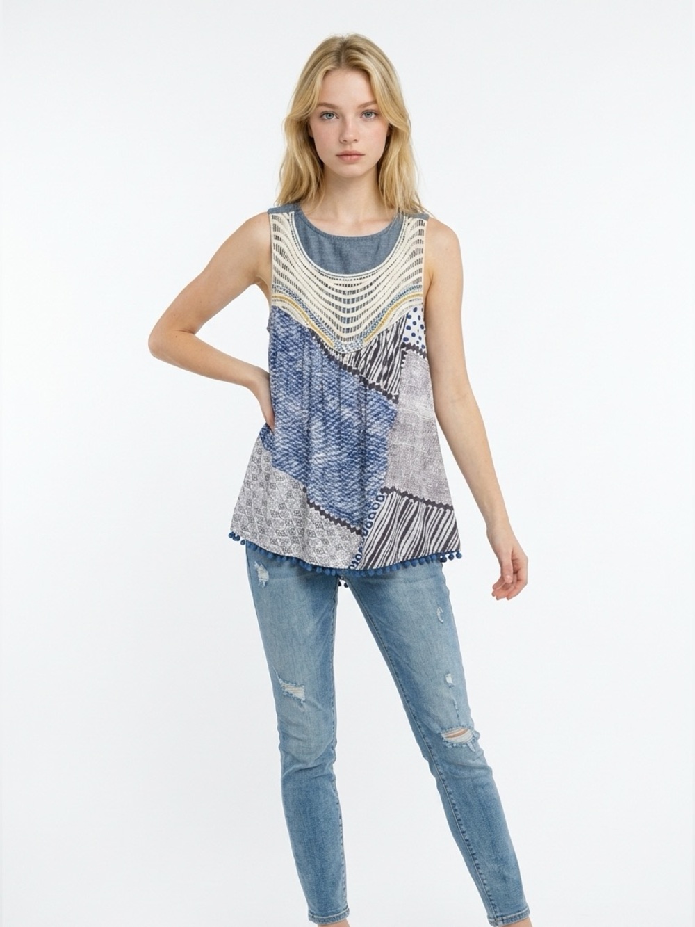 Crochet Yoke Patchwork Tank Top in Blue & Cream Medium